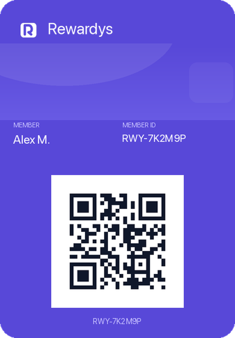 Rewardys membership card in Apple Wallet showing member name, member ID, and QR code